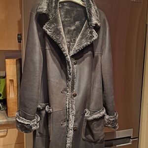 Gray Shearling Coat with Fur Trim